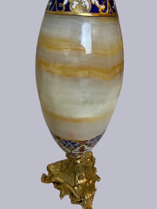 PAIR OF ORNATE FRENCH ONYX AND CHAMPLEVE VASES ON BRONZE GILT BASES - ADDITIONAL PHOTO 4