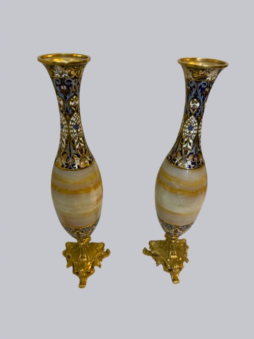 PAIR OF ORNATE FRENCH ONYX AND CHAMPLEVE VASES ON BRONZE GILT BASES - ADDITIONAL PHOTO 6