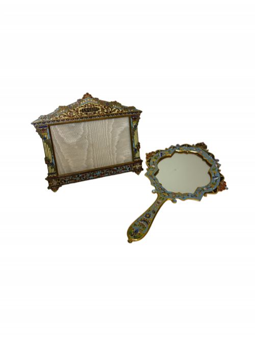19TH C FRENCH GILT BRONZE AND CHAMPLEVE PICTURE FRAME AND HAND MIRROR - ADDITIONAL PHOTO 6