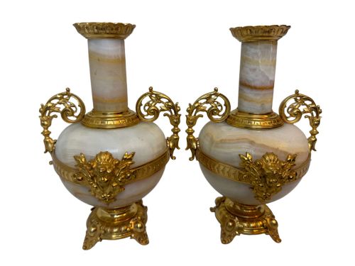19TH C FRENCH PAIR OF WHITE ONYX AND GILT BRONZE VASES