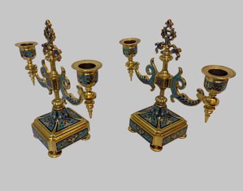 ORNATE 19TH C PAIR OF CHAMPLEVE AND GILT BRONZE CANDLESTICKS