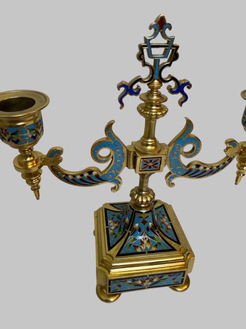 ORNATE 19TH C PAIR OF CHAMPLEVE AND GILT BRONZE CANDLESTICKS - ADDITIONAL PHOTO 1