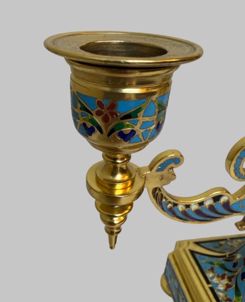 ORNATE 19TH C PAIR OF CHAMPLEVE AND GILT BRONZE CANDLESTICKS - ADDITIONAL PHOTO 4