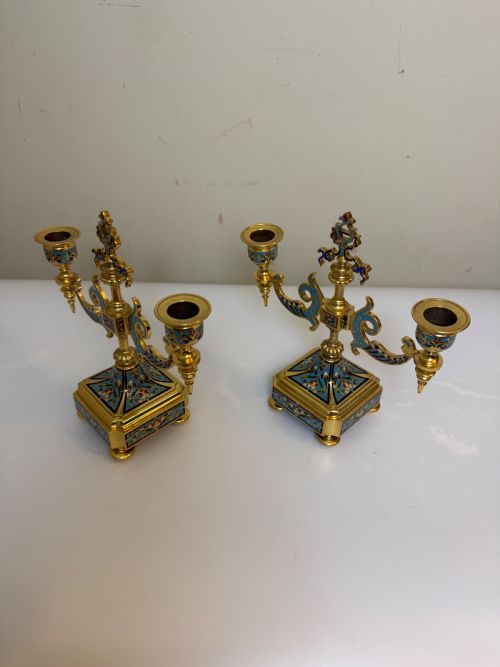ORNATE 19TH C PAIR OF CHAMPLEVE AND GILT BRONZE CANDLESTICKS - ADDITIONAL PHOTO 6