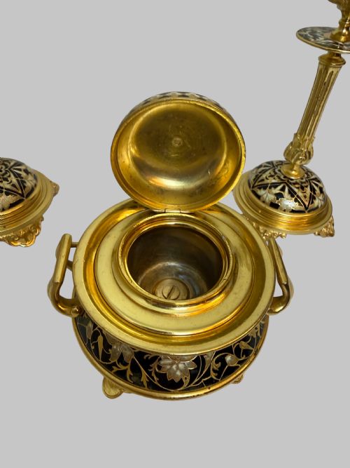 19TH C CHAMPLEVE AND GILT BRONZE SET OF CANDLESTICKS AND INKWELL - ADDITIONAL PHOTO 4