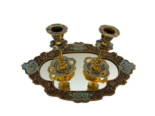 19TH C FRENCH CHAMPLEVE AND GILT BRONZE CANDLESTICKS AND TABLE MIRROR