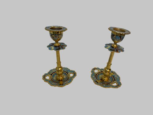 19TH C FRENCH CHAMPLEVE AND GILT BRONZE CANDLESTICKS AND TABLE MIRROR - ADDITIONAL PHOTO 1
