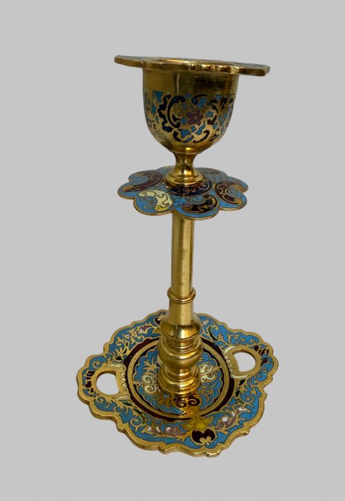 19TH C FRENCH CHAMPLEVE AND GILT BRONZE CANDLESTICKS AND TABLE MIRROR - ADDITIONAL PHOTO 3