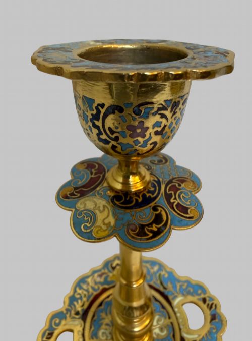 19TH C FRENCH CHAMPLEVE AND GILT BRONZE CANDLESTICKS AND TABLE MIRROR - ADDITIONAL PHOTO 5