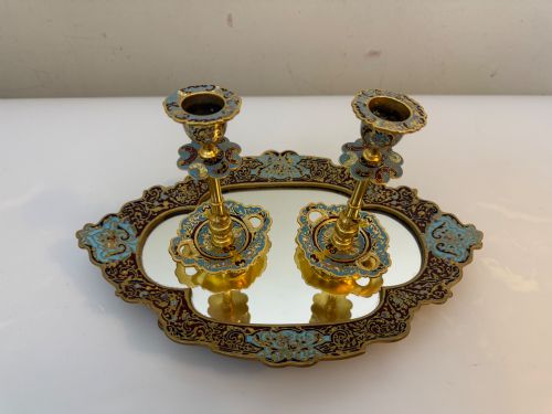19TH C FRENCH CHAMPLEVE AND GILT BRONZE CANDLESTICKS AND TABLE MIRROR - ADDITIONAL PHOTO 11
