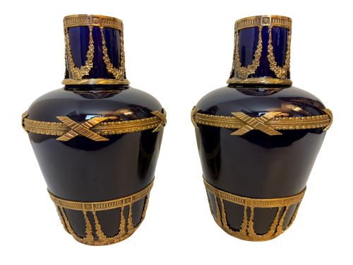 PAIR OF FRENCH BLUE GLASS VASES WITH ORMOLU TRIM