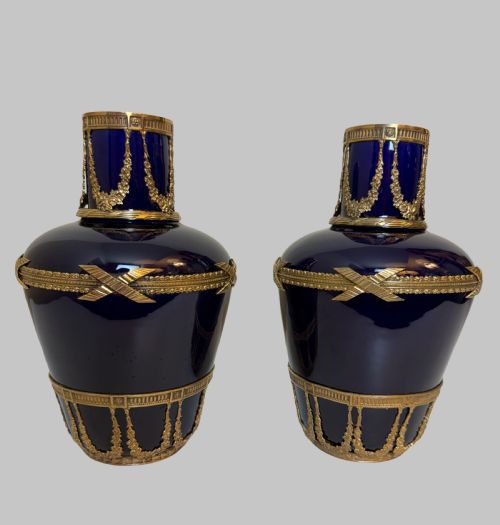 PAIR OF FRENCH BLUE GLASS VASES WITH ORMOLU TRIM - ADDITIONAL PHOTO 1