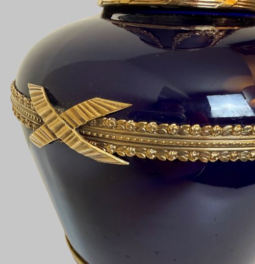 PAIR OF FRENCH BLUE GLASS VASES WITH ORMOLU TRIM - ADDITIONAL PHOTO 5