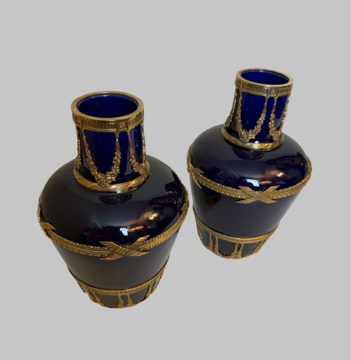 PAIR OF FRENCH BLUE GLASS VASES WITH ORMOLU TRIM - ADDITIONAL PHOTO 6