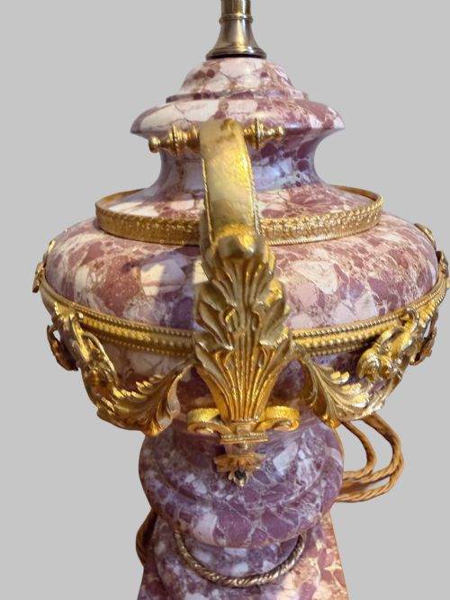 SUPERB PAIR OF ANTIQUE FRENCH MARBLE TABLE LAMPS W ORMOLU TRIM - ADDITIONAL PHOTO 2