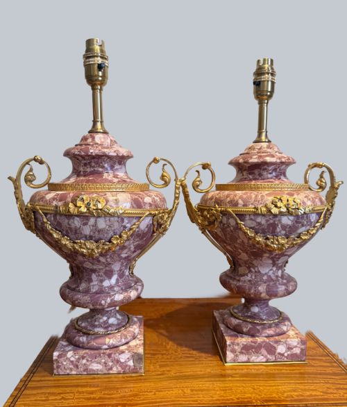 SUPERB PAIR OF ANTIQUE FRENCH MARBLE TABLE LAMPS W ORMOLU TRIM - ADDITIONAL PHOTO 6