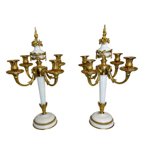 19TH C CARRARA MARBLE PAIR OF CANDELABRAS WITH GILT BRONZE TRIM