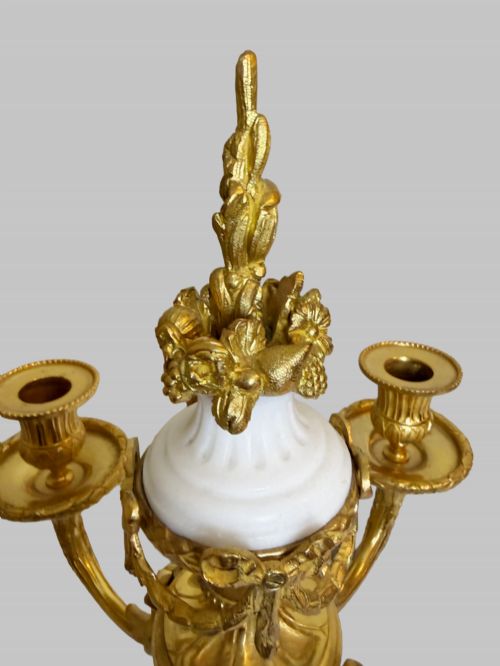 19TH C CARRARA MARBLE PAIR OF CANDELABRAS WITH GILT BRONZE TRIM - ADDITIONAL PHOTO 4