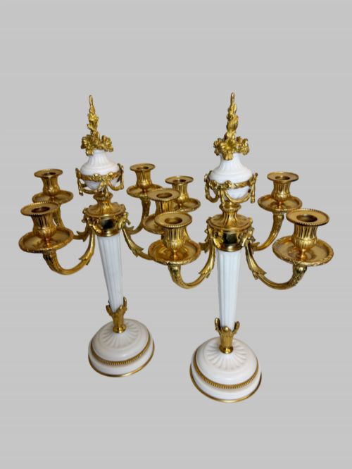 19TH C CARRARA MARBLE PAIR OF CANDELABRAS WITH GILT BRONZE TRIM - ADDITIONAL PHOTO 7