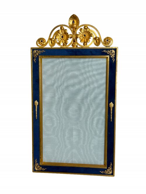 ANTIQUE GILT BRONZE LARGE PICTURE FRAME WITH BLUE TRIM