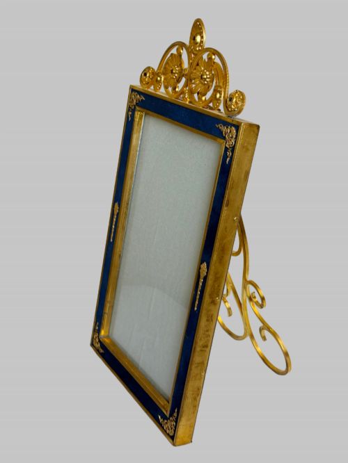 ANTIQUE GILT BRONZE LARGE PICTURE FRAME WITH BLUE TRIM - ADDITIONAL PHOTO 1