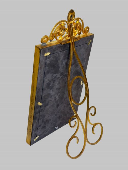 ANTIQUE GILT BRONZE LARGE PICTURE FRAME WITH BLUE TRIM - ADDITIONAL PHOTO 2