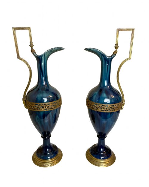 ANTIQUE PAIR OF BLUE PORCELAIN URNS W GILT BRONZE TRIM