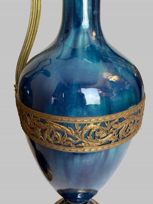 ANTIQUE PAIR OF BLUE PORCELAIN URNS W GILT BRONZE TRIM - ADDITIONAL PHOTO 3
