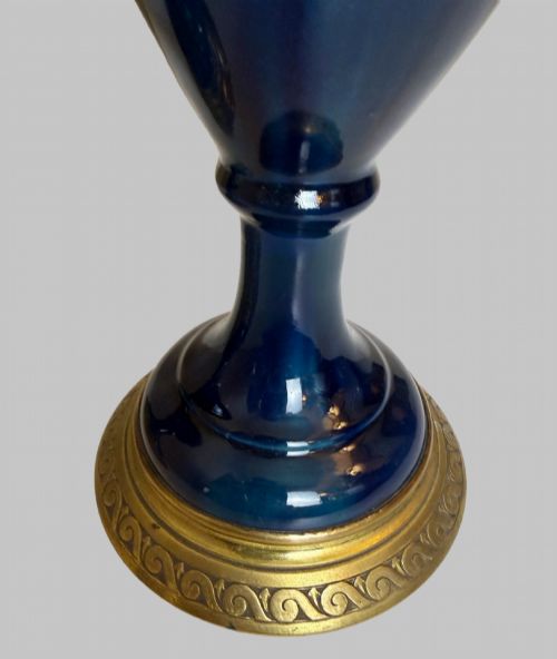 ANTIQUE PAIR OF BLUE PORCELAIN URNS W GILT BRONZE TRIM - ADDITIONAL PHOTO 4