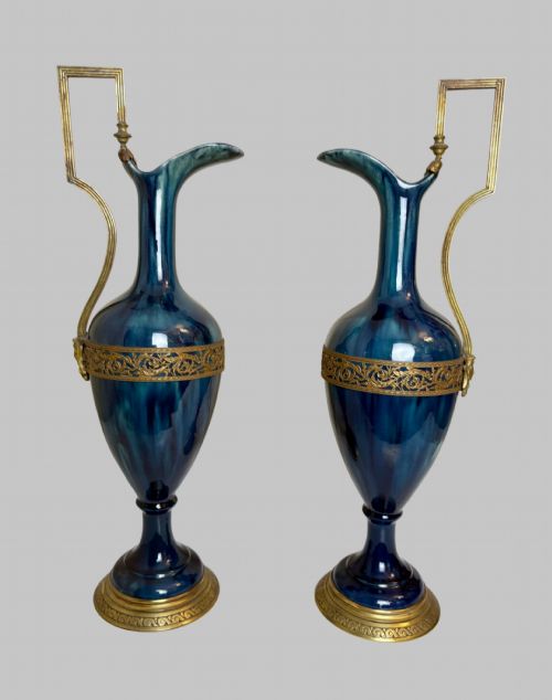 ANTIQUE PAIR OF BLUE PORCELAIN URNS W GILT BRONZE TRIM - ADDITIONAL PHOTO 5