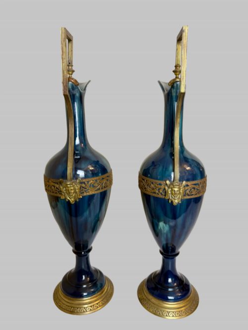 ANTIQUE PAIR OF BLUE PORCELAIN URNS W GILT BRONZE TRIM - ADDITIONAL PHOTO 6