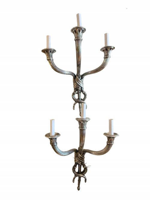 ANTIQUE PAIR OF SILVERED BRONZE WALL SCONCES
