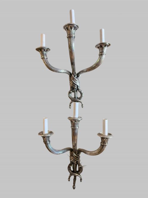 ANTIQUE PAIR OF SILVERED BRONZE WALL SCONCES - ADDITIONAL PHOTO 6