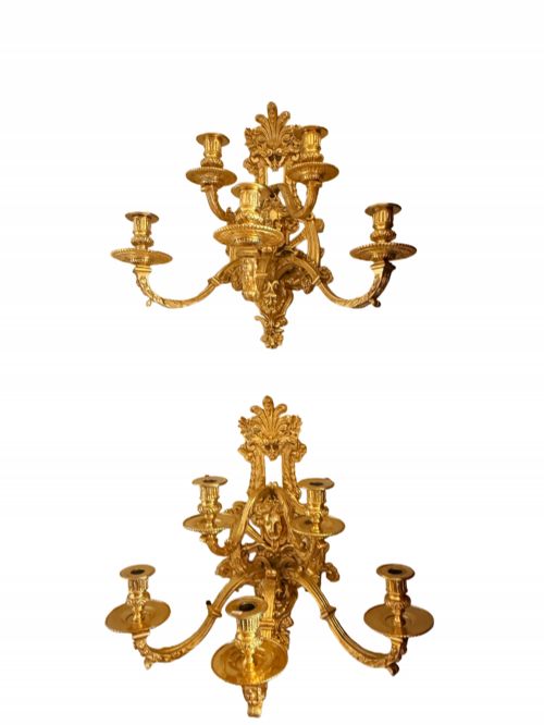 LATE 19TH CENTURY GILT BRONZE WALL SCONCE CANDELABRAS
