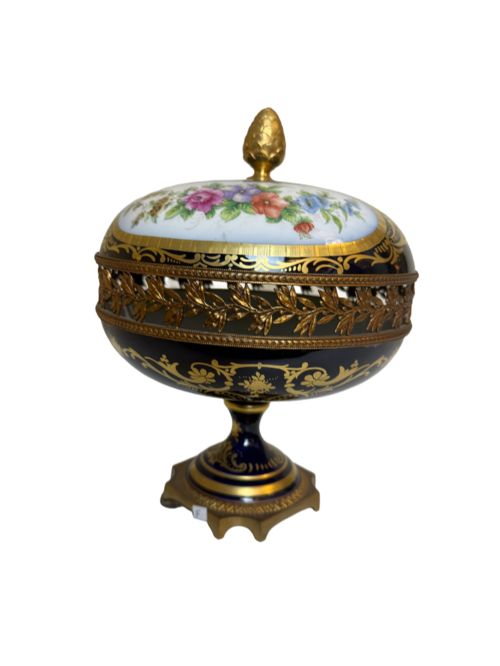 LATE 19TH C LIMOGES COVERED DISH WITH GILT ORMOLU TRIM