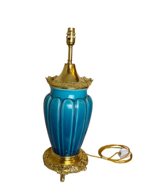 19th C. Turquoise Blue Porcelain Table Lamp with Gilt Bronze Trim