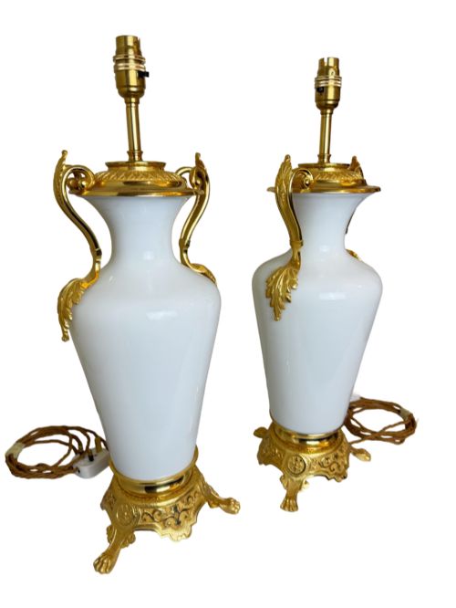 Late 19th C. Pair of White Glass Table Lamps with Gilt Bronze Trim