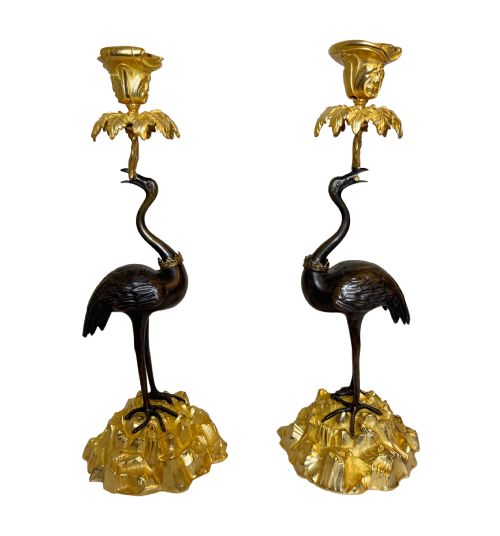 Late 19th C. Pair of Gilt Bronze Candle Sticks with a Flamingo Motif