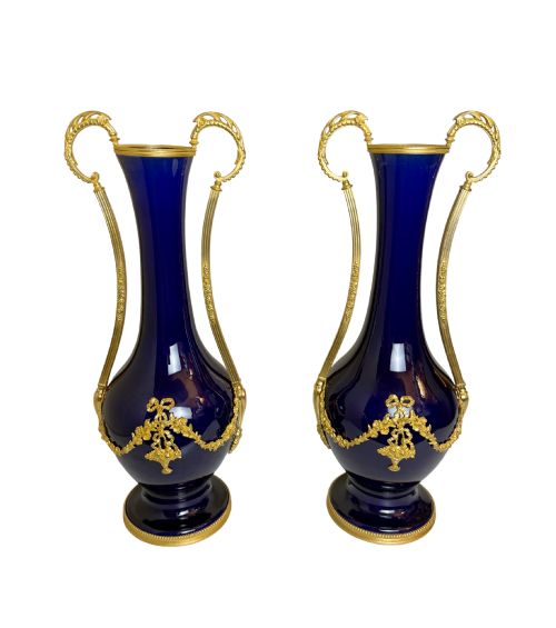 Pair of 19th C. Deep Blue Porcelain Vases W/ Gilt Bronze Trim