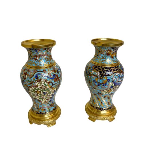 Pair of 19th C. Gilt Bronze Champleve Vases