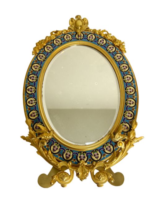 Late 19th C. Champleve & Gilt Bronze Oval Dressing Table Mirror