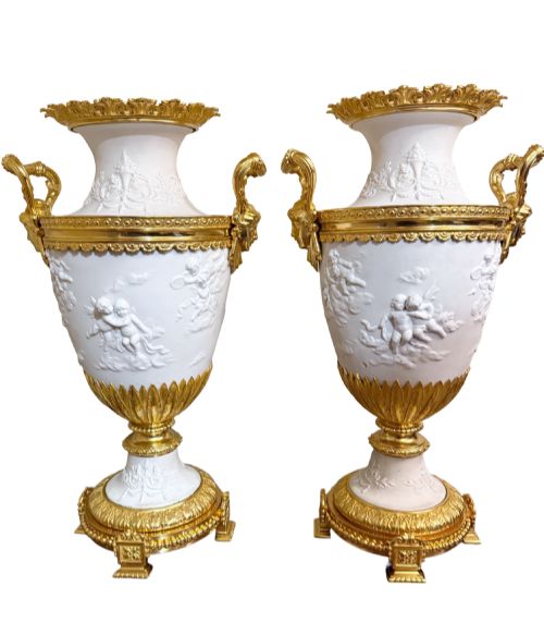 Pair of Superb White Porcelain (Sevres) and Gilt Bronze Vases