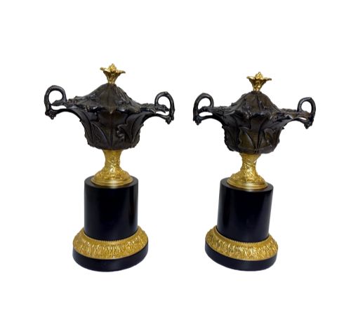 Late 19th C. Pair of Gilt Bronze Coupes on Marble Pedestal Bases