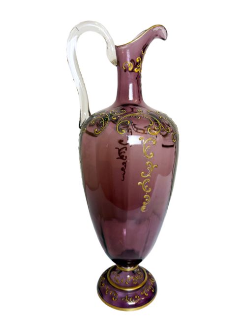 19th C. Violet Blown Glass Pitcher W/ Hand Painted Gilt Applique