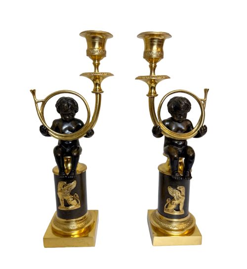 Pair of 19th C. Gilt Bronze & Marble Cherub Candlesticks