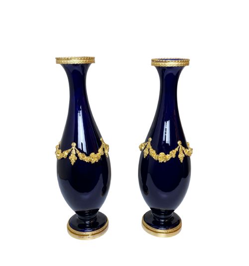Pair of 19th C. Blue Porcelain Vases W/ Gilt Bronze Trim