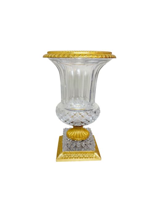 Antique Crystal Urn Shaped Vase with Gilt Bronze Trim