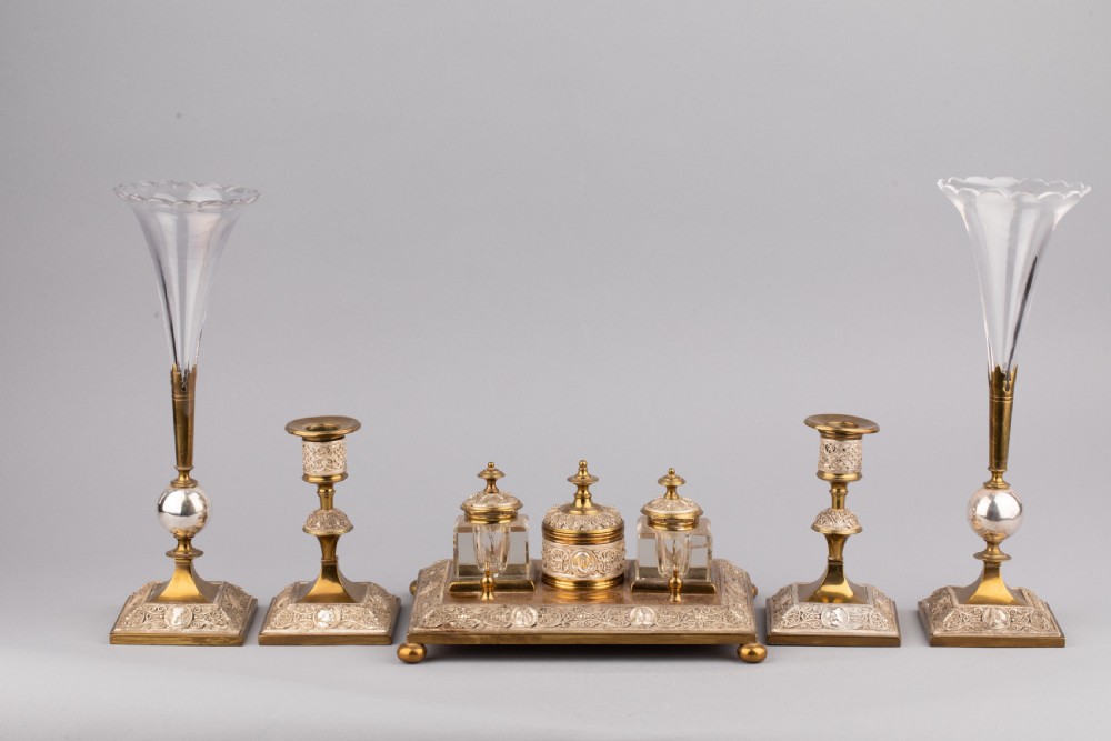 Antique Desk Set, Including Inkwells, Pen Stand, Candlesticks and Vases, French, C. 1890