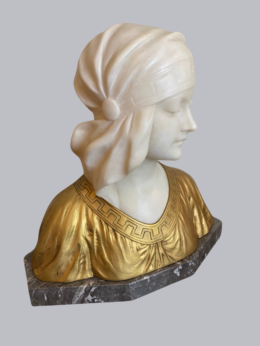 Early 20th Cent. Alabaster & Ormolu Bust of a Young Maiden, G. V. Vaerenberg, Circa 1910