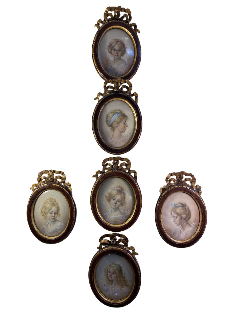 Set of 6 x Victorian Miniature Framed Pastel Portraits, French, C. 1880